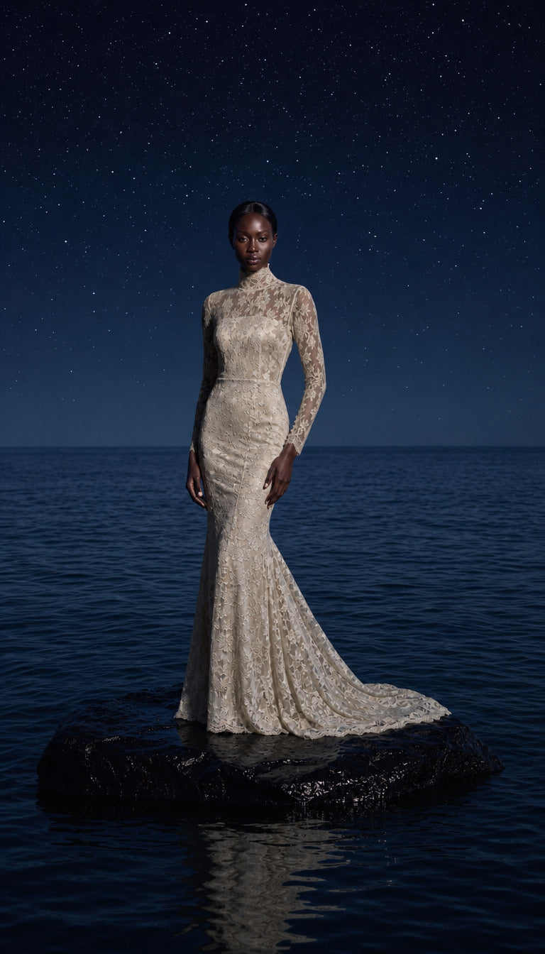 AMIRA lace high-neck wedding dress with long sleeves and open back by MONIKA NDK